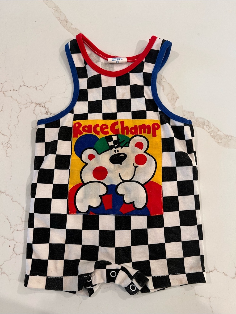 12M Vintage Race Champ Checkered Baby Romper - Black & White with Colorful Patch